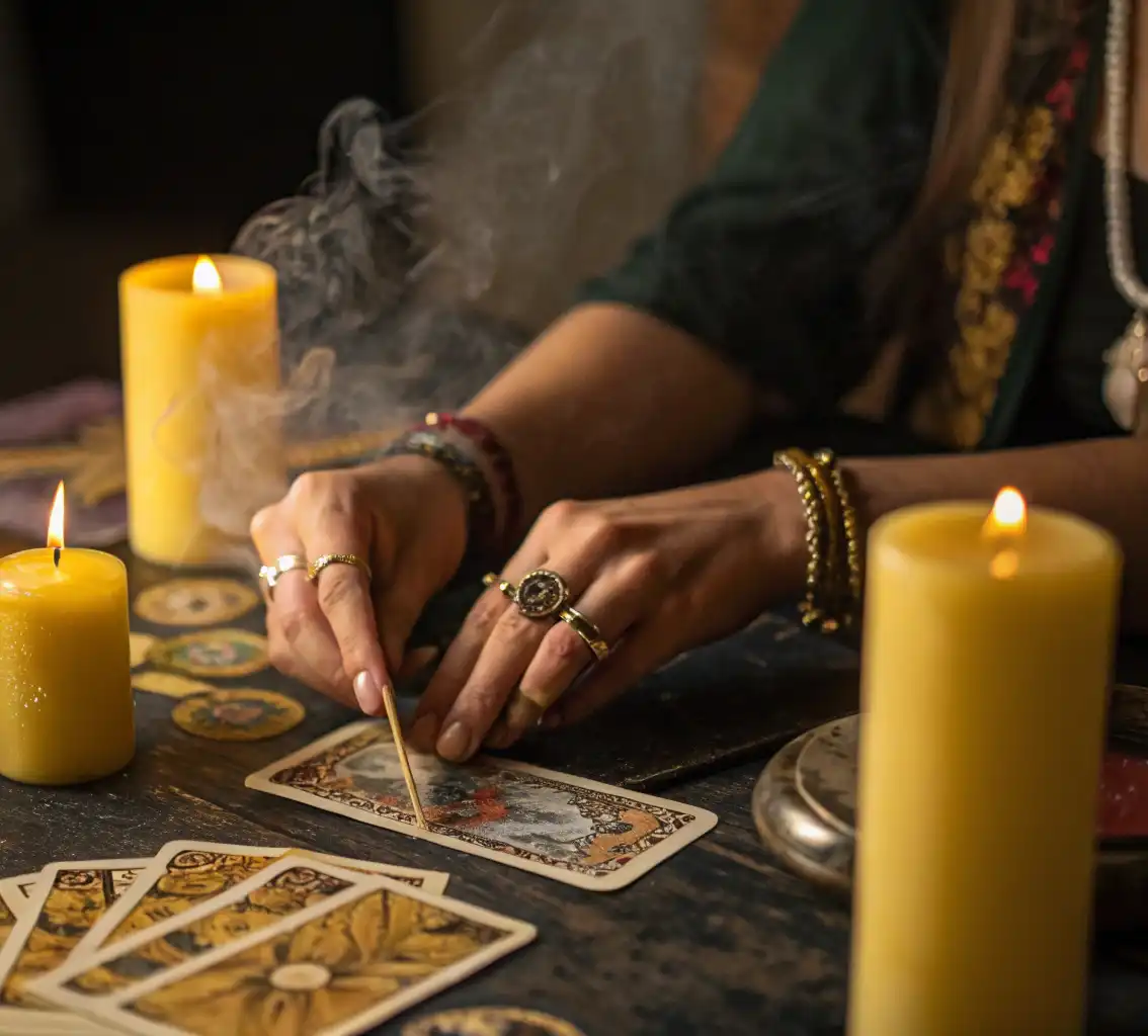 Гадалка Радослава проводит обряд отливания воском на картах Таро при свечах — эзотерический ритуал очищения и предсказания будущего
